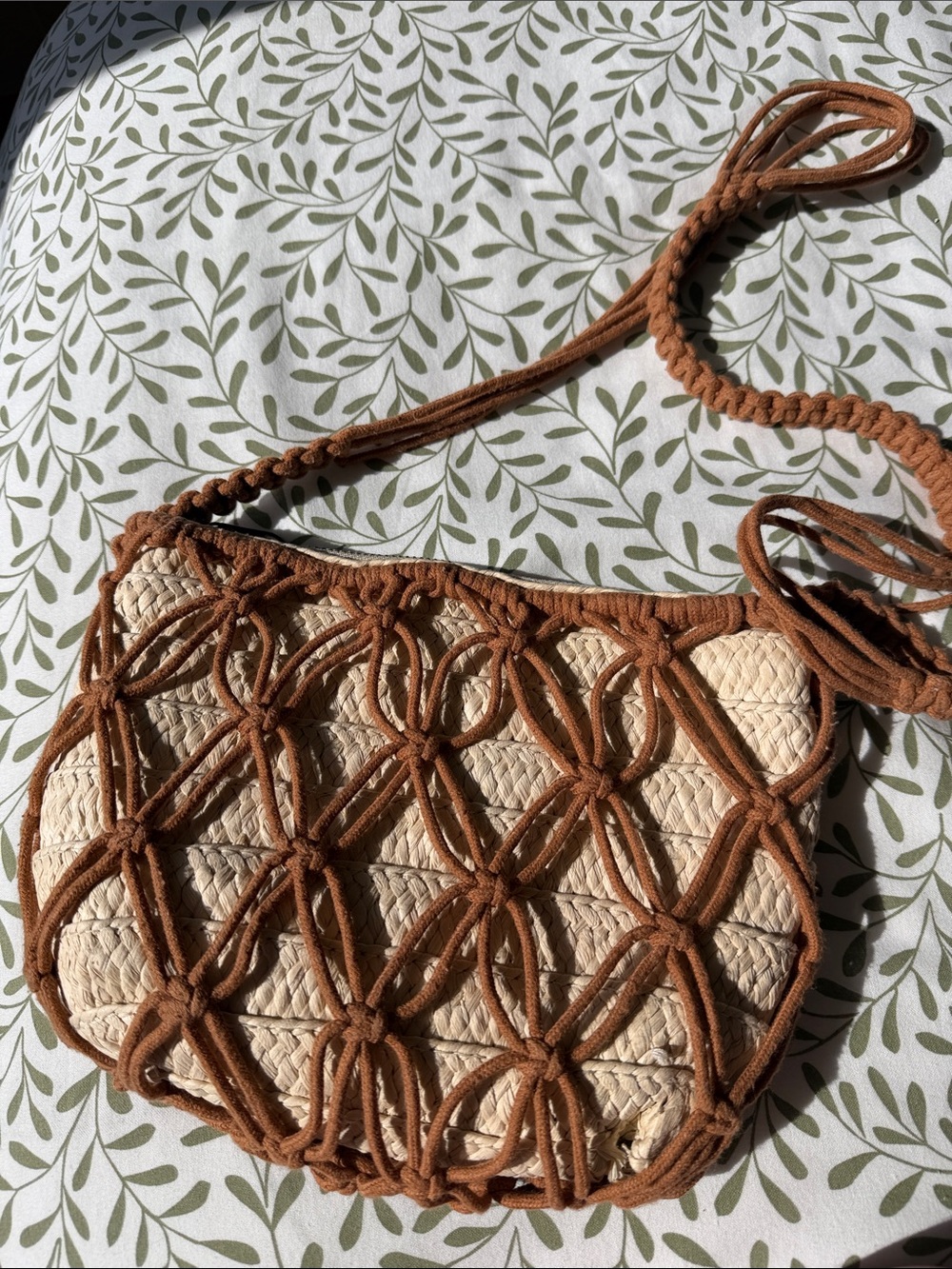 Woven Straw Shoulder Bag with Brown Macramé Overlay Universal Thread